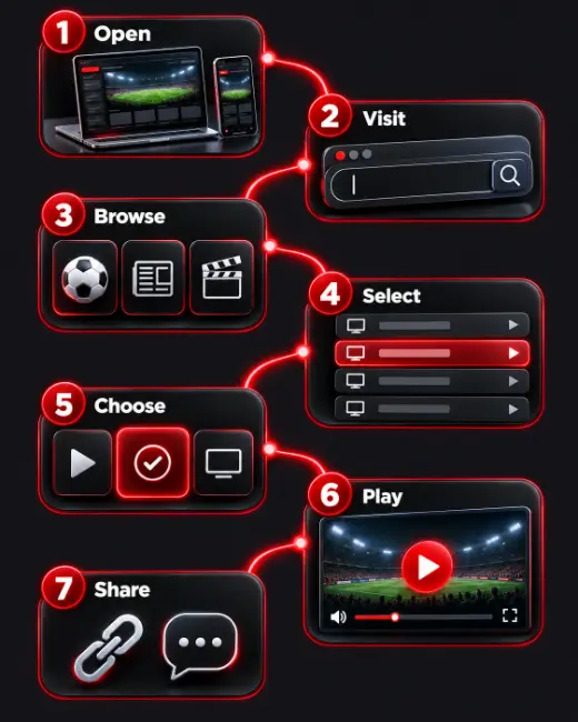 Infographic showing how to use TheTVApp in a desktop or mobile web browser in seven steps