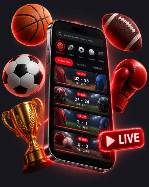 TheTVApp live sports streaming app on a smartphone showing NBA, NFL, soccer and hockey live scores